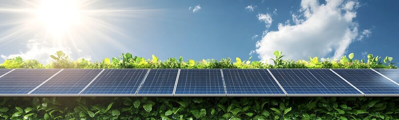 Poster - solar panels on a roof with greenery under a bright sky, showcasing renewable energy and sustainabil
