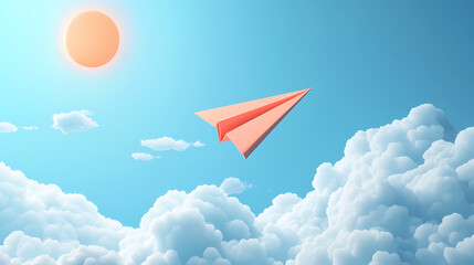a paper airplane flies high above fluffy clouds under a bright sun during a clear day in a creative,