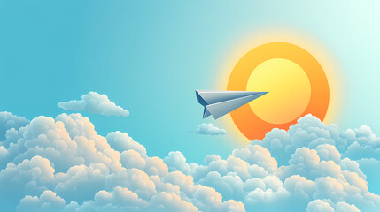 a paper airplane flies high above fluffy clouds under a bright sun during a clear day in a creative,