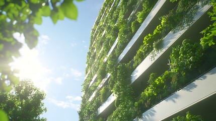 Aufkleber - Modern building covered in greenery, illuminated by sunlight, showcasing sustainability and urban nature.