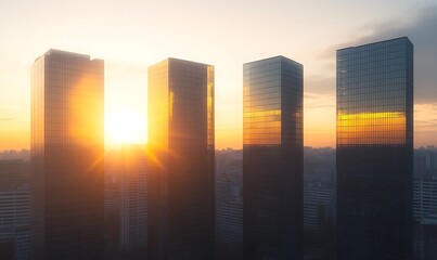 Poster - Sunrise over modern skyscrapers, casting warm light and reflections on glass surfaces.