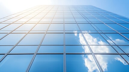 Aufkleber - Modern glass building reflecting blue sky and clouds, illuminated by sunlight.