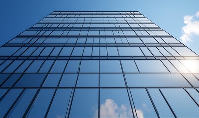 Poster - Modern glass building reflecting the sky, showcasing a sleek architectural design.