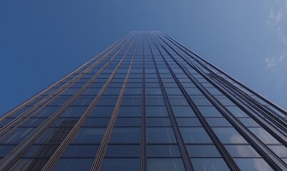 Poster - Tall glass skyscraper against a clear blue sky, showcasing modern architecture and urban design.