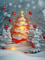 Aufkleber - Charming Christmas paper cutout featuring festive elements and a glowing tree set in a cozy winter wonderland Generative AI