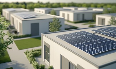 Poster - Modern homes with solar panels on roofs in a green neighborhood, showcasing sustainable living.