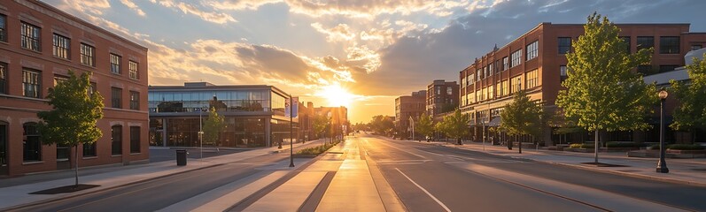 Poster - Urban street at sunset with warm light casting shadows on buildings and trees lining the road.