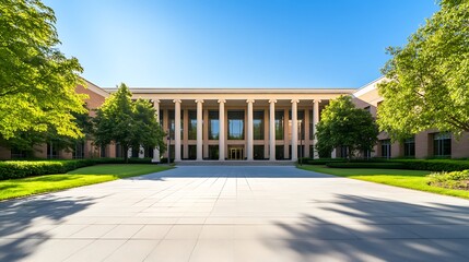 Aufkleber - Modern educational building with grand columns and lush greenery under a clear blue sky.