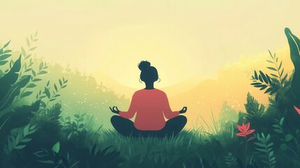 Poster - Meditation in nature at sunrise creating a peaceful ambiance with soft natural light and lush surroundings