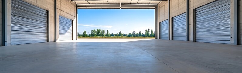 Poster - Industrial warehouse featuring large steel doors and concrete structure.