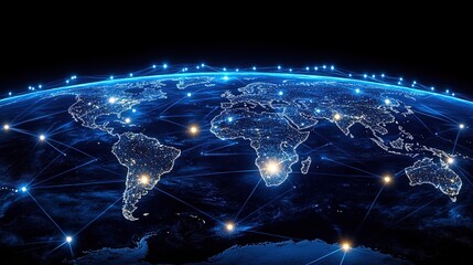 Global network connections at night, showing worldwide data flow and city lights