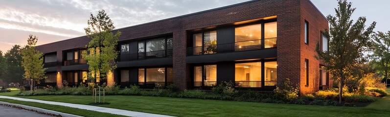 Aufkleber - Industrial-style brick building featuring large windows, ideal for architectural and interior design projects.