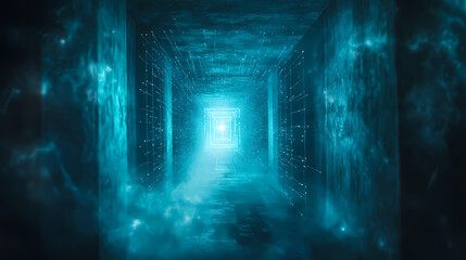 Wall Mural - an ai quantum computer glows eerily in swirling mist, its advanced technology radiating an unsettlin