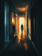 Aufkleber - A dark corridor with ghostly figures and flickering light creates an eerie cinematic horror atmosphere