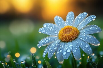 Wall Mural - Dew-kissed daisy glistening in the sunlight showcasing nature's beauty and delicate details perfect for a serene morning scene