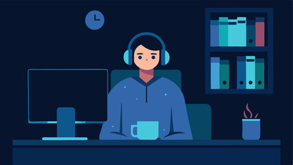 Night Owl Coding A latenight scene showing a web developer in cozy pajamas illuminated by the glow of their computer screen with a stack of books and headphones on.