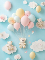 Poster - Whimsical pastel cutout scene featuring playful teddy bears with balloons and clouds in a cheerful childrens theme Generative AI