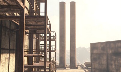 Aufkleber - Large industrial factory scene featuring smokestacks and metal structures, suitable for various commercial uses.