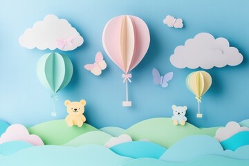 Poster - Whimsical balloons and teddy bears in a playful pastel world for children Generative AI