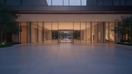 Poster - Large entrance of a minimalist glass shopping mall, showcasing modern architecture and design.