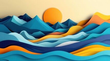 Leinwandbilder - Vibrant layered paper art landscape featuring rolling waves, mountains, and a warm sun in dynamic colors Generative AI
