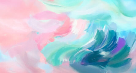 Wall Mural - soft pastel painting with blended brushstrokes of pink, blue, green, and purple creating a gentle, d