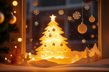 Aufkleber - Charming Christmas paper cutout featuring a glowing tree, festive ornaments, and delicate snowflakes in a cozy holiday setting Generative AI