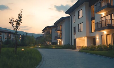 Poster - A low-angle shot captures a stylish boutique hotel, showcasing its elegant architecture and design.