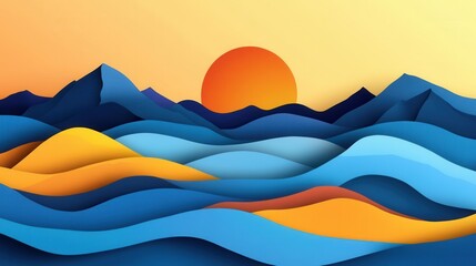 Fototapete - Colorful cut out landscapes with rolling waves and mountains create a travel inspired art piece with a warm sun backdrop in gradient hues