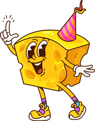 Poster - Groovy cheese character in party hat pointing up. Isolated cartoon vector smiling dairy piece of cheese y2k personage with expressive eyes and retro sneakers giving playful hand gesture