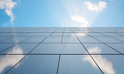 Aufkleber - Futuristic office complex captured from a low angle, showcasing modern architecture in a dynamic urban setting.