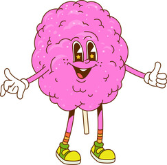 Leinwandbilder - Groovy retro cartoon cotton candy or fast food sweet dessert, vector hippie character. Groovy candy floss or sugar cotton with funny smile on happy face with thumb up gesture for fast food dessert