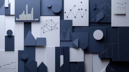 Poster - Sophisticated paper art background illustrating political analysis with layered charts and silhouettes in navy blue and gray tones Generative AI