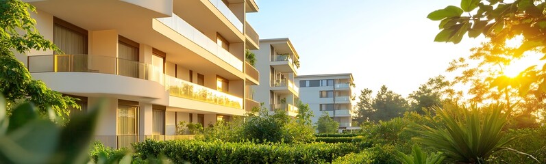 Poster - Luxury apartment complex featuring balconies and lush greenery, ideal for modern living and real estate marketing.