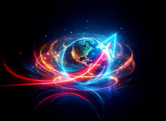 Wall Mural - vibrant globe with red and blue neon light trails creates a dynamic swirl in a double exposure effec