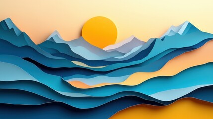 Leinwandbilder - Vibrant layered paper art landscape showcasing rolling waves and mountains at sunset with warm colors and dynamic composition Generative AI