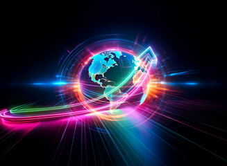 Wall Mural - vibrant double exposure effect of earth with a glowing arrow circling it, set against a dark backdro