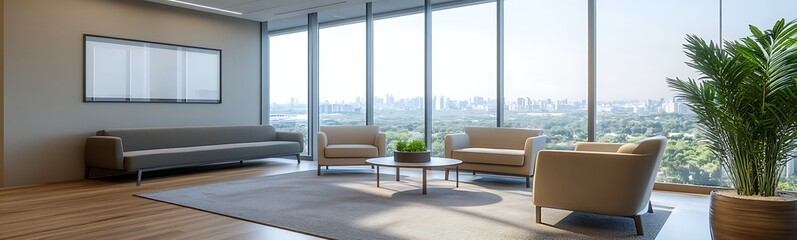 Fototapete - Luxury office lounge showcasing modern interior design with stylish furnishings and elegant decor.