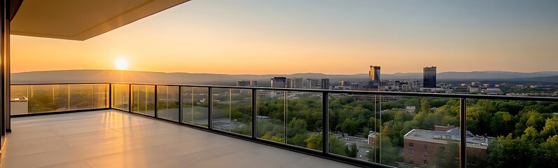 Poster - Modern balcony view overlooking a city skyline at sunset, showcasing urban and natural beauty.