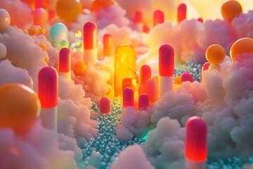 Aufkleber - Surreal landscape of vibrant pill structures illuminated in dreamlike lighting with fantasy realism elements Generative AI