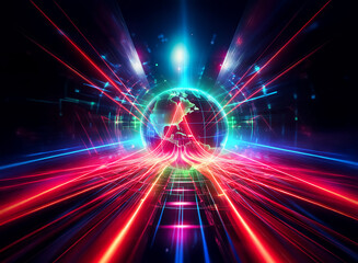 Wall Mural - double exposure image featuring a glowing globe emitting radiant red and blue light rays, creating a