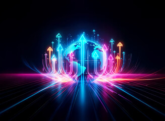 Wall Mural - neon arrows emanate from a glowing globe with a double exposure effect, symbolizing global growth an