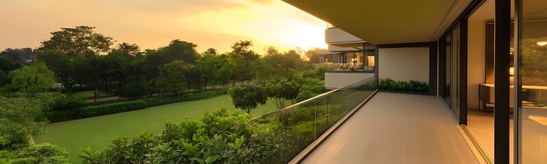 Poster - Modern balcony overlooking a lush green landscape at sunset, creating a serene outdoor atmosphere.