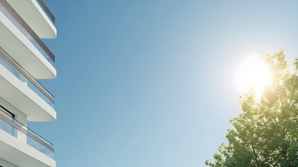 Aufkleber - Bright sun illuminating a modern building beside lush greenery against a clear blue sky.