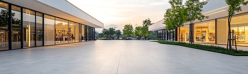 Aufkleber - Modern shopping plaza with large glass facades and lush greenery under a clear sky.