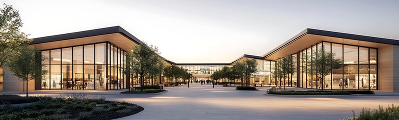Aufkleber - Modern architectural complex with large glass facades and landscaped surroundings.