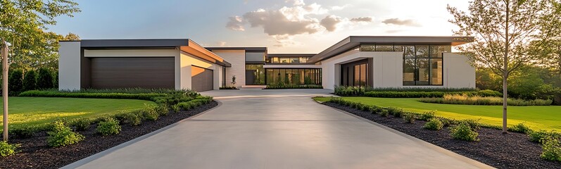 Poster - Modern home with large windows, sleek design, and landscaped surroundings at sunset.