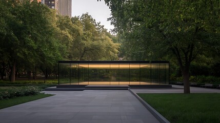Poster - Modern glass pavilion surrounded by lush greenery in an urban park setting.