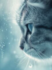 Aufkleber - Profile view of a cat gazing at raindrops on a window with a blurred, moody background of sadness Generative AI