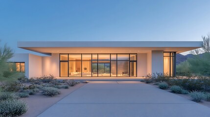 Poster - Modern house exterior with large windows, surrounded by desert landscaping at dusk.
